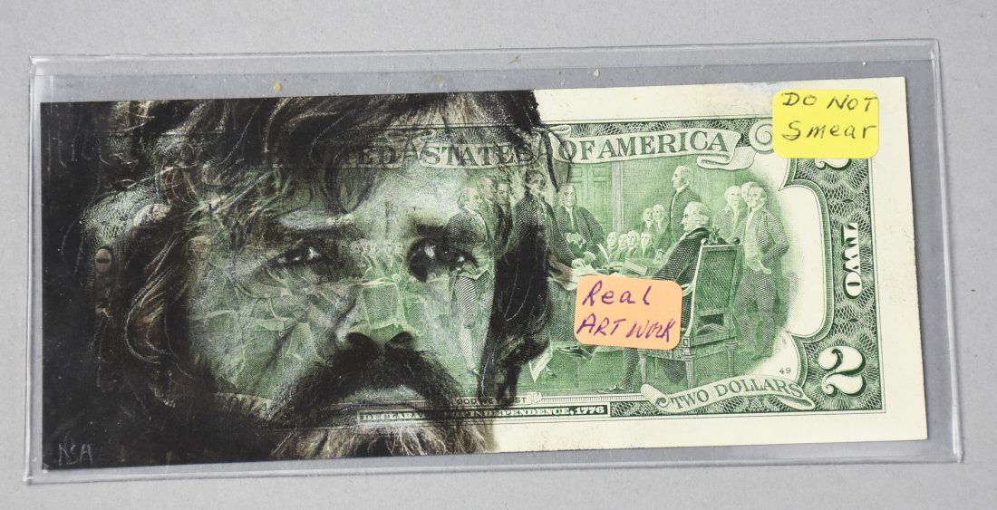 Two Dollar Bill Hobo Dollar Game of Thrones Dinklage: Actor On A two dollar bill Hobo Dollar, believed to be Peter Dinklage from Game of Thrones. Artwork is only on 1 side, normal dollar on other.