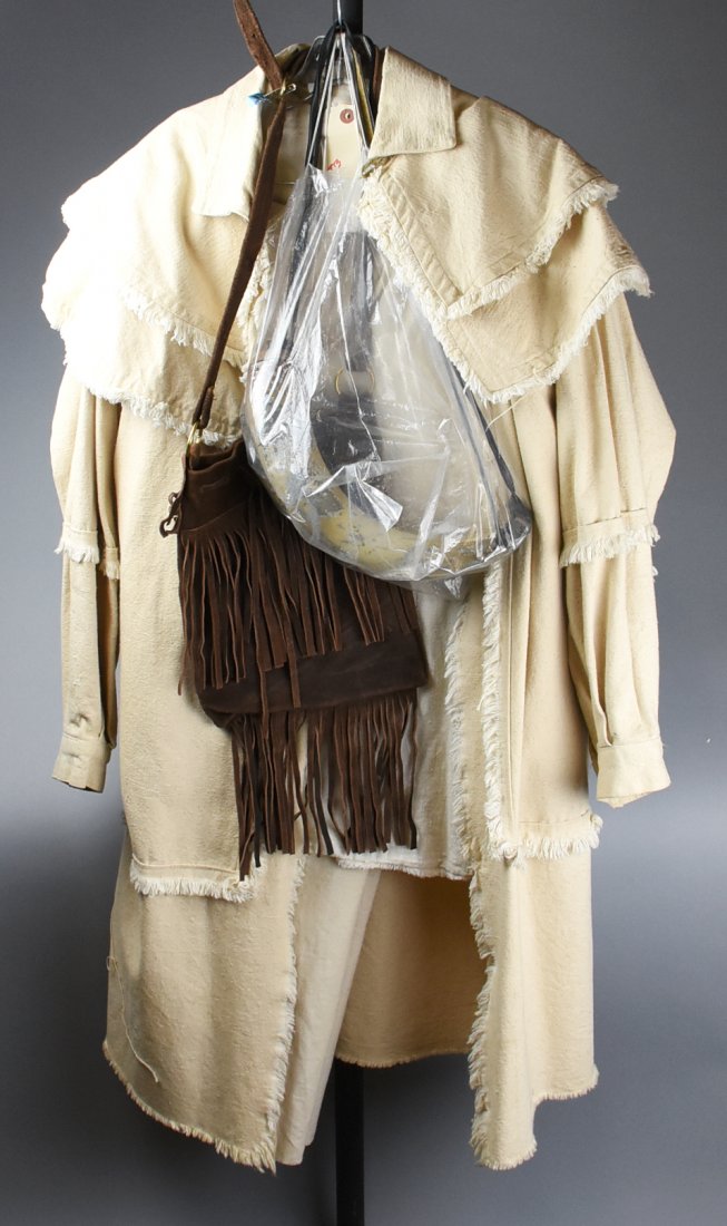 Muslin Fur Trapper Costume: Wonderful high quality and durable fur trappers costume that comes with a shirt, pants, jacket, woven yarn belt and fur hat. Tag states, "Jas. Townsend & Son" and "Theatricks Costume Rental". No size 