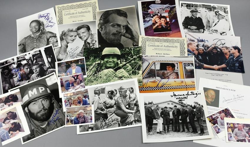 Movie Star Signed Photos, COAs Deniro, Top Gun, Gabel: This is a misc lot of signed photos of military movie actors (and one Robert DeNiro from Taxi Driver). All have been signed by the actor or actors, included the cast of Top Gun, Mako, Butterfly McQuee