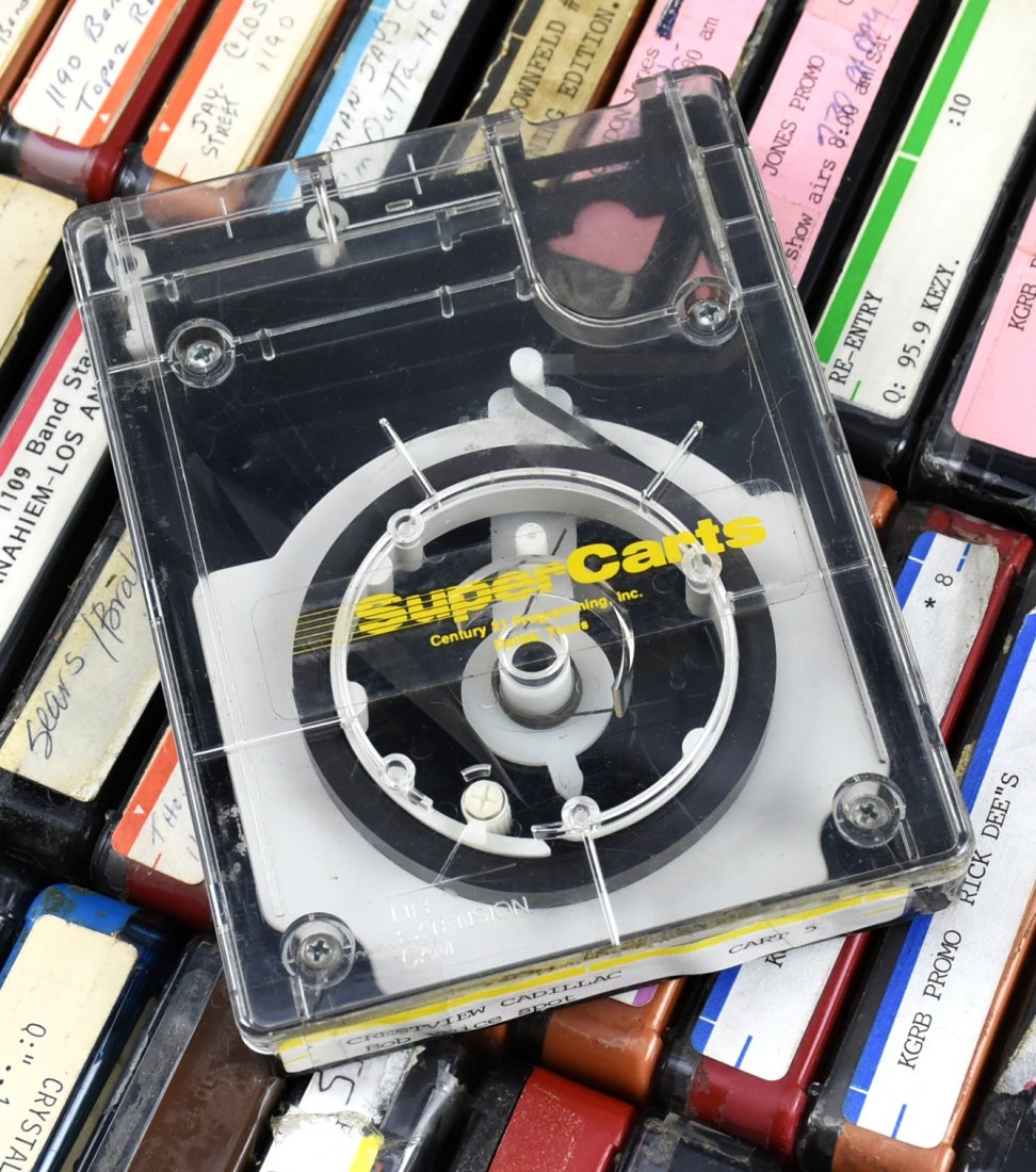 71 c1980 NAB Cartidges, Los Angeles Big Band Radio Stat: All of these NAB cartidges came from a local estate of Lyman Jay and his family. Lyman Jay (Jaroch) was a DJ for the West Covina big band and swing radio station KGRB. The station broadcasted from a c