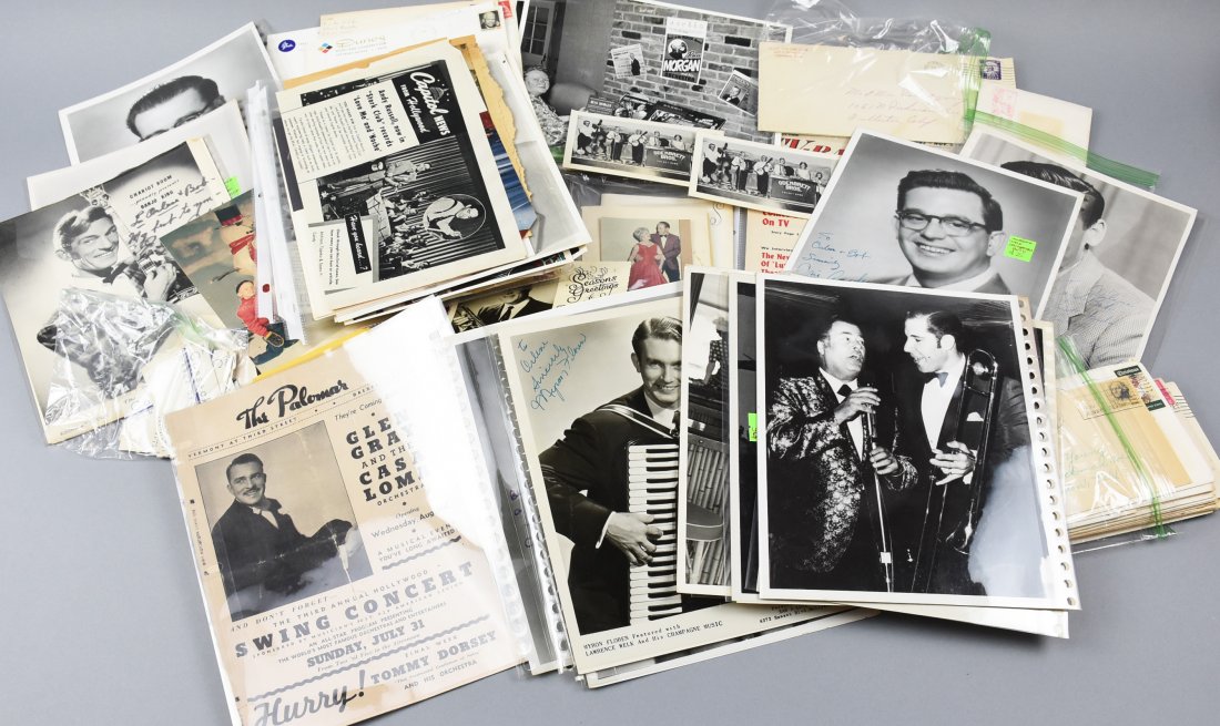 HUGE Lot of Big Band Photos and Letters: WOW! Huge lot of some of the best names......Russ Morgan, Freddie Martin, Sammy Kaye, Billy Vaughn, Eddie Peabody, Memo Bernabei, Gene Pursell, Jack Martin, Jim Roberts, Larry Hooper, Buddy Merrill, T