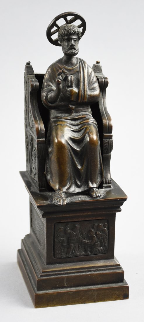 Antique Cast Bronze St. Peter: Wonderful bronze St. Peter figure comes with a type written bit of history along with his travels. He was gifted to a woman who was born in 1840 and died in 1926, from there he has been handed down. A