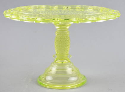 Adams & Co, Thousand Eye Canary Cake Stand: Very pretty piece of Adams & Co. in the Thousand Eye pattern in the form of a cake stand. Canary vaseline glass stands approx 6 1/4" x 10" across