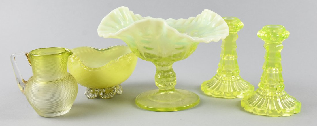 Antique/Vintage Vaseline Glass, Northwood More: These pretty pieces are vaseline glass except the little pitcher, but it looks good with the rest of the pieces. These are Northwood Argonaut Shell footed bowl; small Victorian footed bowl attributed 
