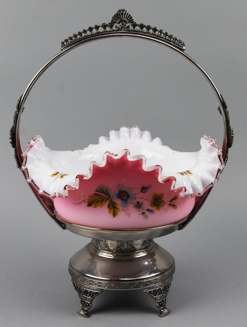 c1885 Pelton Bros Bride Basket, Enamel Satin Glass (1 of 17)