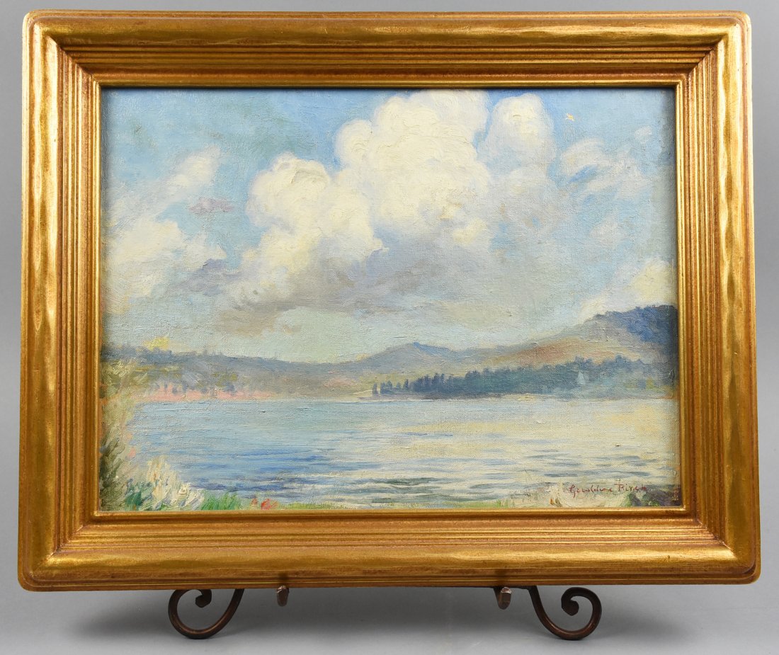 Geraldine Birch (1883-1972) California Artist: Lovely oil on artist board painting by Geraldine Rose Birch (1883-1972) who was born in England, settled in Pasadena, CA. Per the little card attached to the back, this is Big Bear Lake and our client