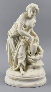 Antique Parian Water Bearer Woman, Antonio Frilli Style: Although Antonio Frilli carved in marble and alabaster, this figurine very much resembles his "Young Woman at a Stream" sculpture. She is draped in fabric and holding a double handled ewer with greek