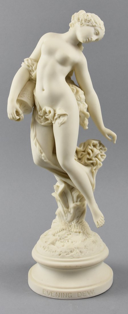 19th C Evening Dew, Royal Worcester Parian: This stunning beauty is attributed to Royal Worcester and is titled "Evening Dew". It features a mostly nude woman, partially draped in fabric and holding a ewer. She is unmarked except for her title 