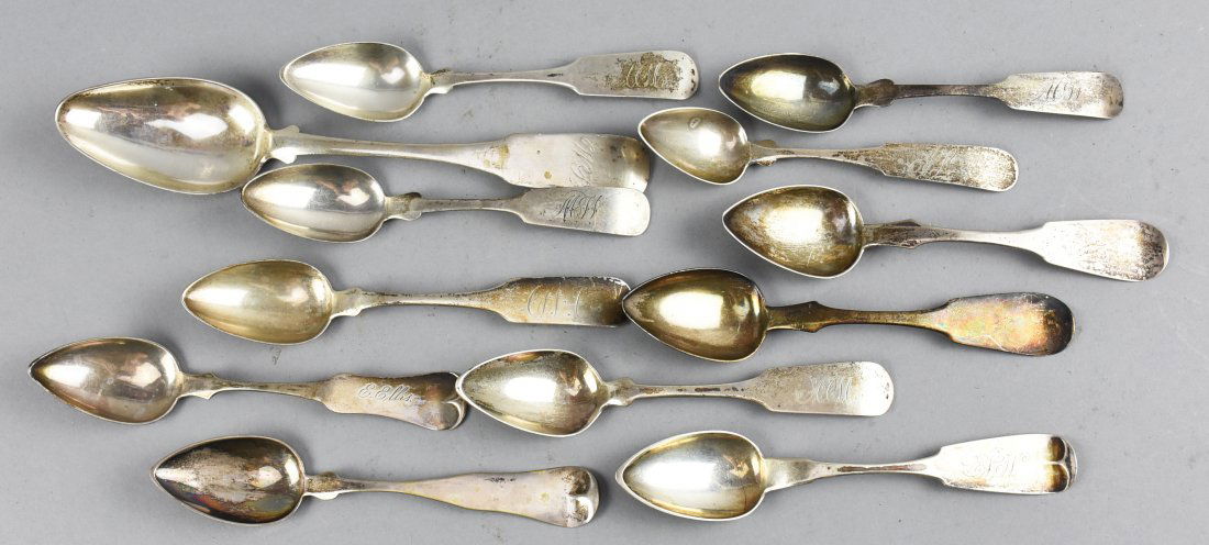 (12) c1840 American Coin Silver Fiddleback Spoons (1 of 5)