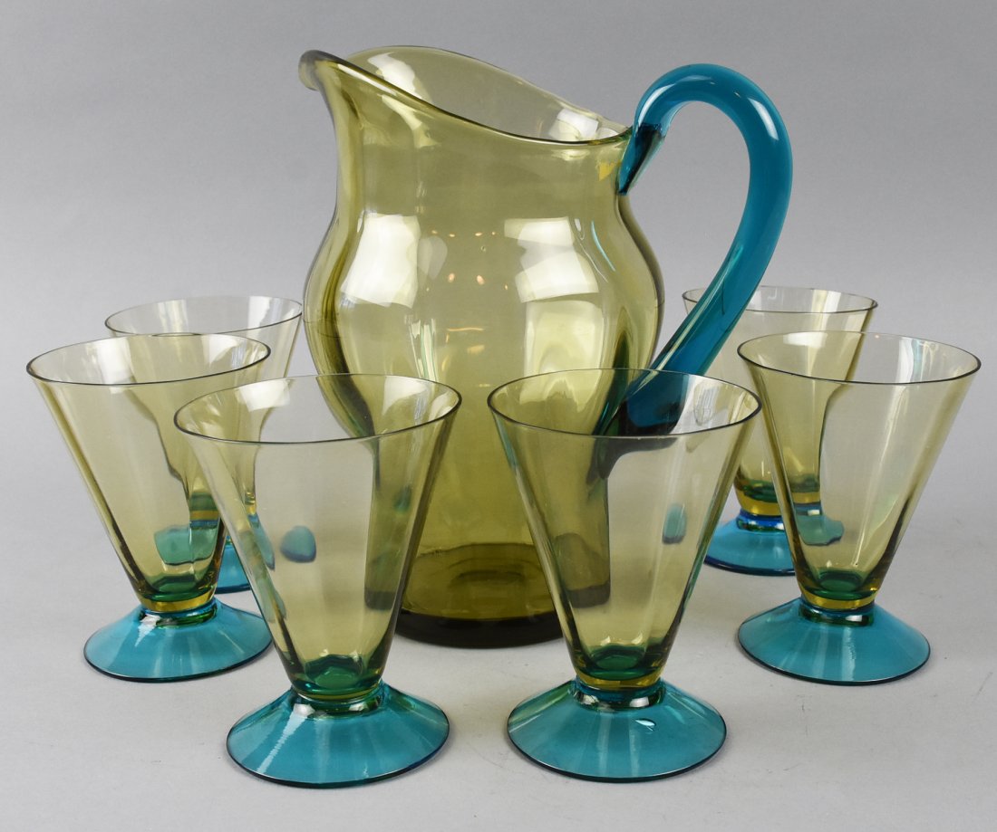 Attrib Steuben Amber/Blue Pitcher/Glasses Set: These are very pretty and interesting in the color combination. Steuben did this color combo with the celeste blue and amber, unable to verify whether this set is Steuben, but regardless, these pieces