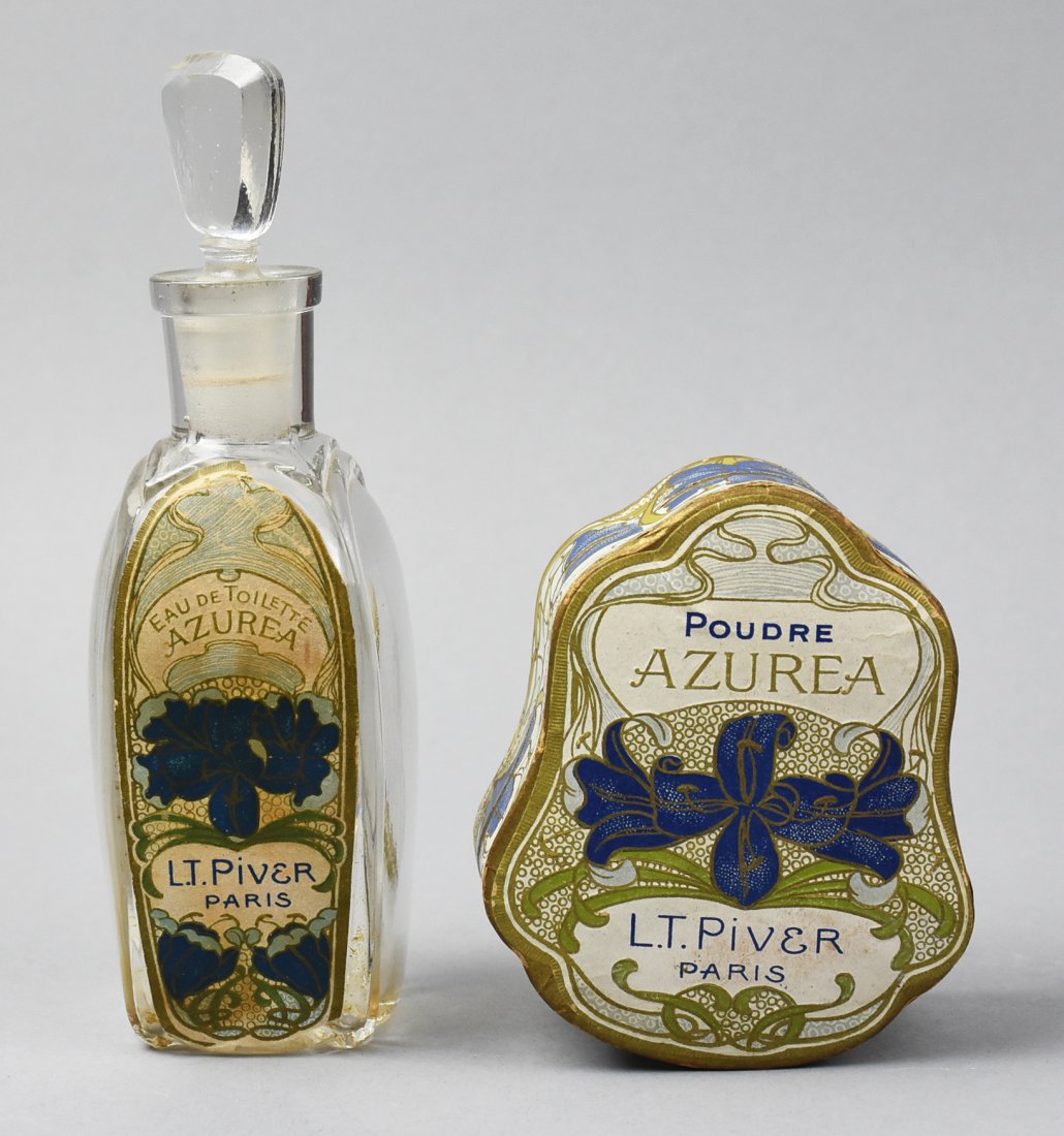 c1925 Azurea L.T. Piver Paris, Bottle, Powder: This is a nice set for you vintage and antique cosmetic collectors. The bottle and powder box are empty, but are great for display. The bottle label is nearly intact with about 1" of the top edge of t