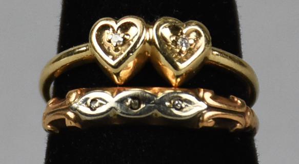 Vintage Petite 10K Diamond Rings: These are sweet little 10K rings, each with tiny single cut diamonds. Each is approx size 5 1/2, together, approx weight 1.6g.