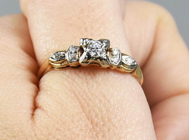 Vintage 14K & Diamond Engagement Ring: This wonderful vintage engagement ring is 14K and diamonds. It is marked 14K with a maker mark of B in a cartouche. Size is approx 6 1/2, overall approx weight 1.8g.