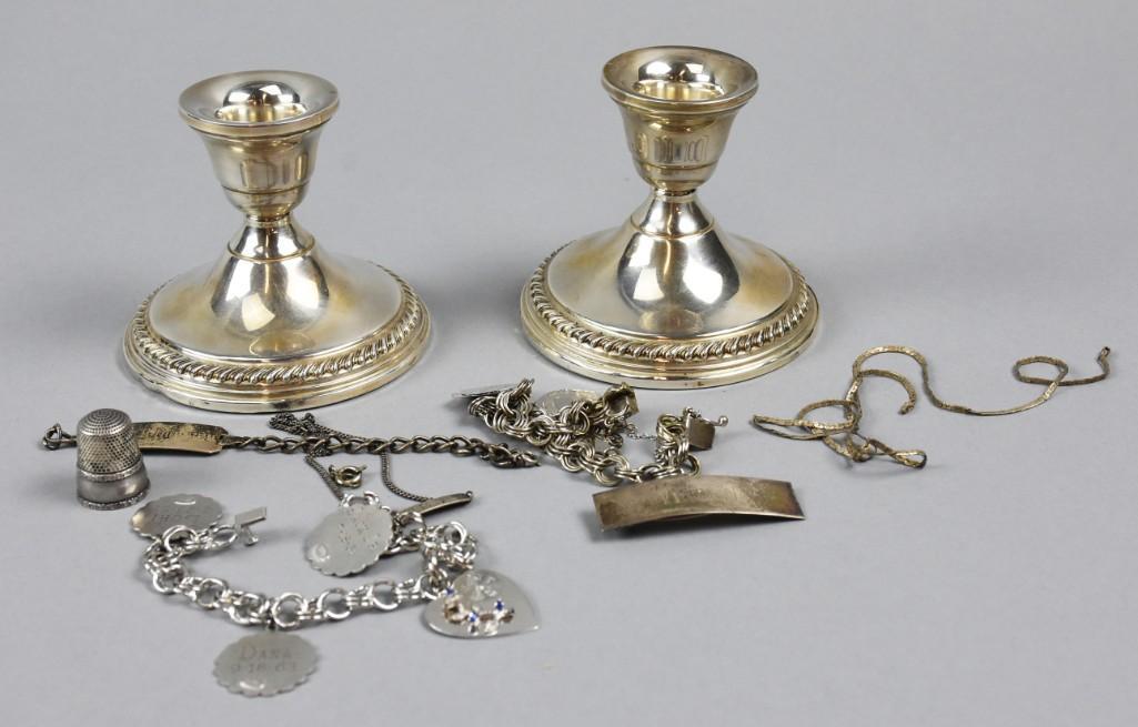 Vintage Sterling Silver Lot, Jewelry, Candlesticks: Great lot for gifting or investments. Consists of a pair of weighted candlesticks, a charm bracelet, chain, barrette and ID bracelet. Thimble. This is also has some scrape and broken bracelets and nec