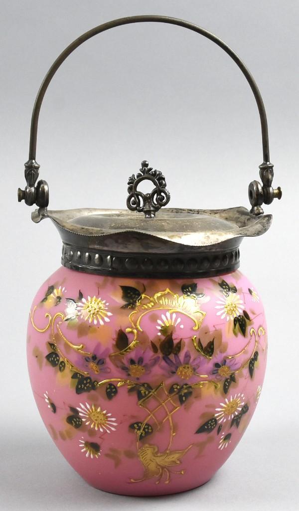 Victorian Satin Glass, Hand Enamel Biscuit Jar (1 of 7)