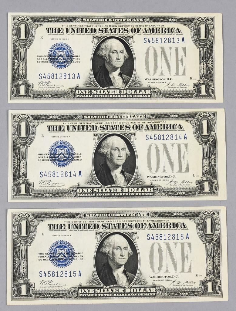 (3) 1928A Consecutive, $1 Silver Cert Funny Back (1 of 2)