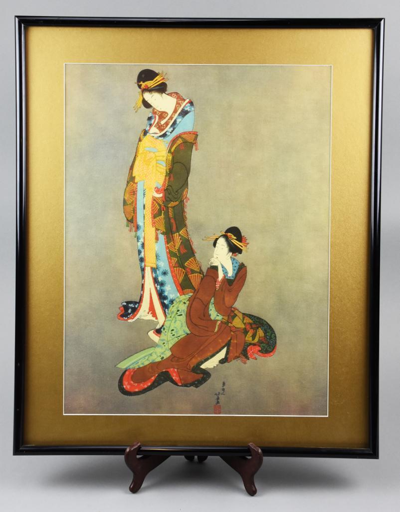 Katsushi Hokusai Japanese Woodblock Linen, 2 Beauties (1 of 4)