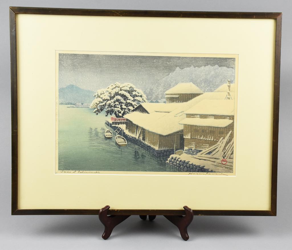 Kawase Hasui Japanese Woodblock Snow at Ishinomaki: Japanese Woodblock Print Snow at Ishinomaki by Kawase Hasui. Published by The S. Watanabe Color Print Co.; Watanabe D-type seal; pre-war impression. Hasui, Kawase, 1883-1957. Date 1935. Size = 17" x 2