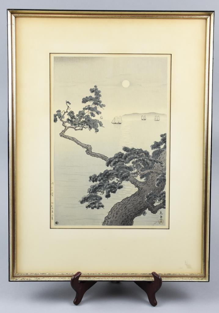 Tsuchiya Koitsu Full Moon at Akashi Beach Woodblock: Tscuchuya Koitus Full Moon At Akashi Beach. Appears in very good. Appears to be signed lower right. 10 X 14 inche viewable artwork. 11 x 17 in frame. Not examined outside of frame.
