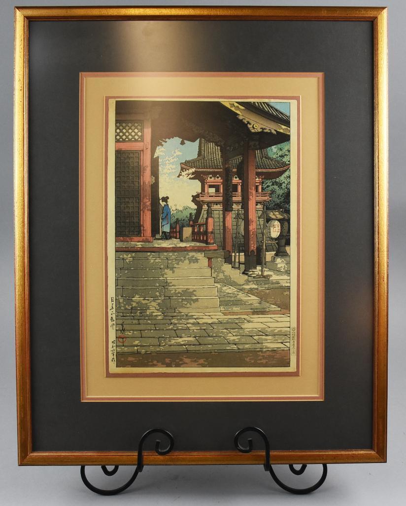 Woodblock Kawase Hasui orig. 1931 Maguro Fudo Temple: This is a fine Kawase Hasui original 1931 woodblock. It is titled "Maguro Fudo Temple". Shows all signatures and stamps in border. Size 25" x 20", print 14.75" x 10.25". Not examined outside of frame.
