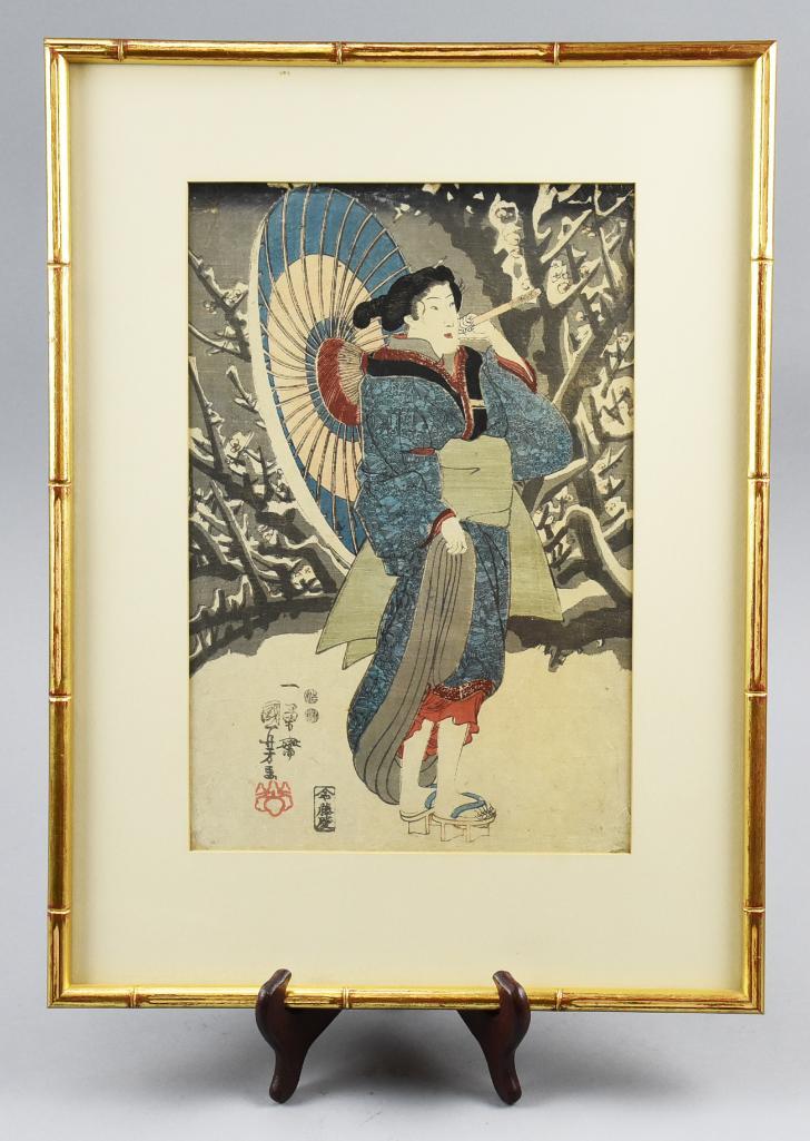 Woodblock 1847-8 Kuniyoshi Utagawa Woman in winter: Beautiful woodblock by Utagawa Kuniyoshi of a lady outside holding an umbrella with snow on the tree and ground. Date stamp of 1847-8. Size 20" x 15, viewable 14" x 9.5".