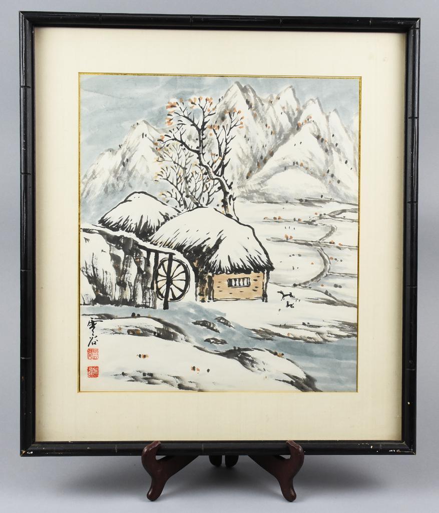 Vintage Japanese Signed Woodblock Print: Cute woodblock print is of a single thatched roof house with mountains in the background. It appears to be applied to a gold foil backing and has been signed along the lower left border. Visible i