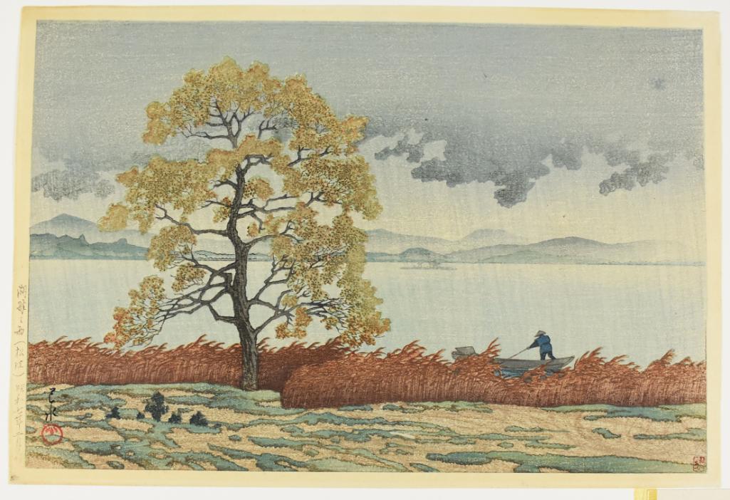 1932 Kawase Hasui (1883-1957) Woodblock Print: Beautiful woodblock print identified as Kawase Hasui and titled "Rain on Lake - Matsue District. Image is a man on a boat. It has been signed lower right, publisher information lower left. Will