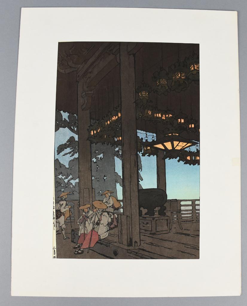 Hiroshi Yoshida (1879-1950) Woodblock Print: Very pretty woodblock print from artist Hiroshi Yoshida. This rich colored print is called Nigatsu-do Temple, Comes in matte, image measures approx 15 1/2" x 10"