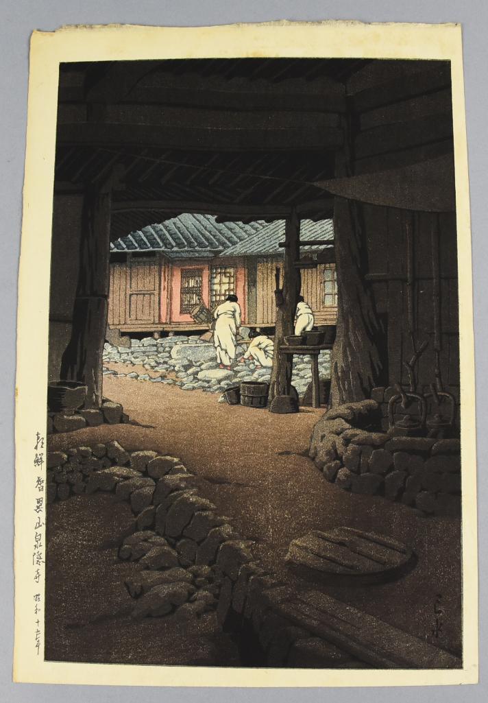 Hasui Kawase (1883-1957) Woodblock Print: This lovely woodblock print is by Hasui Kawase, one of Japan's most promintent modern artists. This print is Senonji Temple at Mt. Chii. The colors are bold and sharp, measures approx 15 5/8" x 1