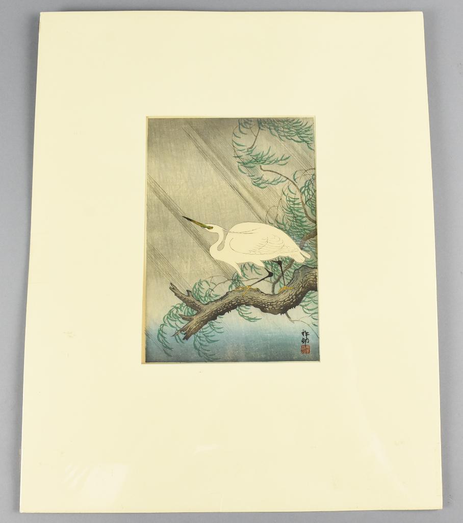 Ohara Koson (1877-1945) Woodblock Print: This pretty woodblock is called Egret in Storm by Japanese artist Ohara Koson and is nicely marked and signed. Comes with matte and is wrapped in what appears to be archival plastic. Visible image