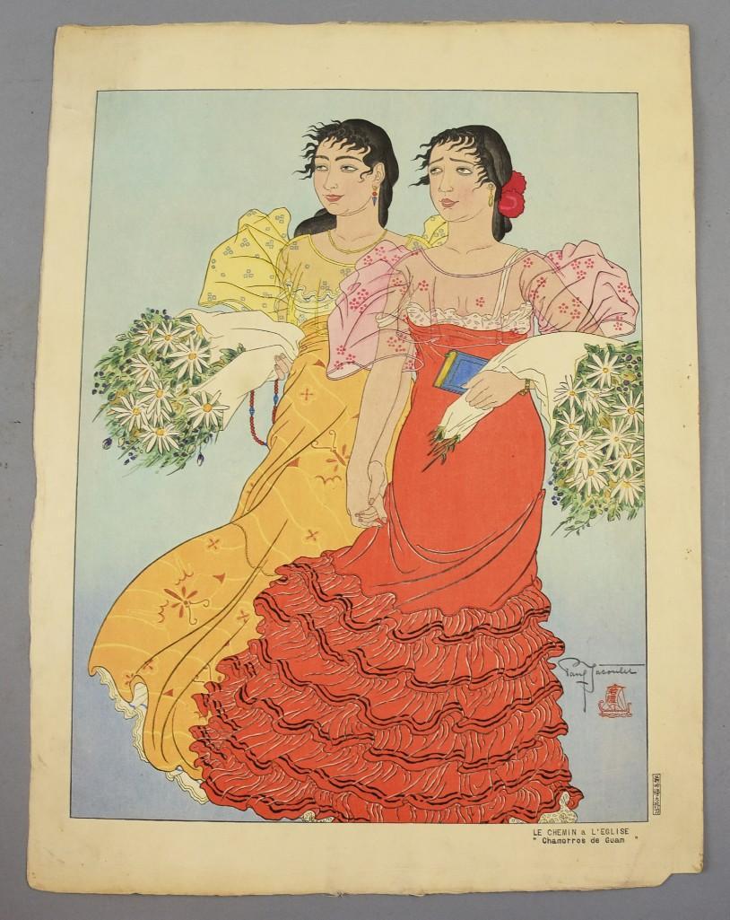 Paul Jacoulet (1896-1960) Woodblock Print: Paul Jacoulet was born in France but spent nearly his entire life in Japan. He combined his own art with the traditional methods. This print is called "Le Chemin a L'Eglise" and is from 1939. Si