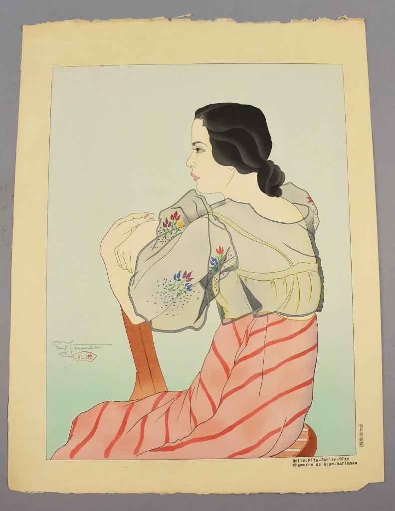 Paul Jacoulet (1896-1960) Woodblock Print: Paul Jaoulet is a French born artist who spent almost his entire life in Japan. He used traditional methods as well as his own creativity in his artwork. This piece is Melle. Rita-Sabian-Diaz and 