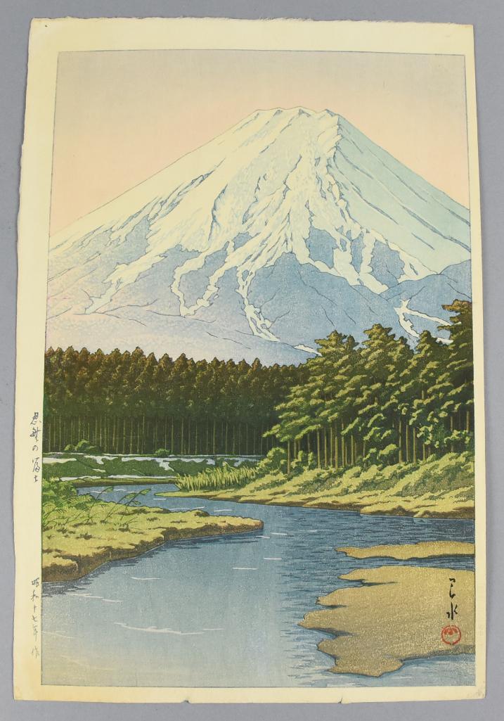 Kawase Hasui (1883-1957) Woodblock Print: Mt. Fuji Seen from Oshino is a lovely print by Kawase Hasui from 1942. It has rich warm colors and is signed and marked by publisher and carver. Approx measures 15 1/2" x 10 1/2".