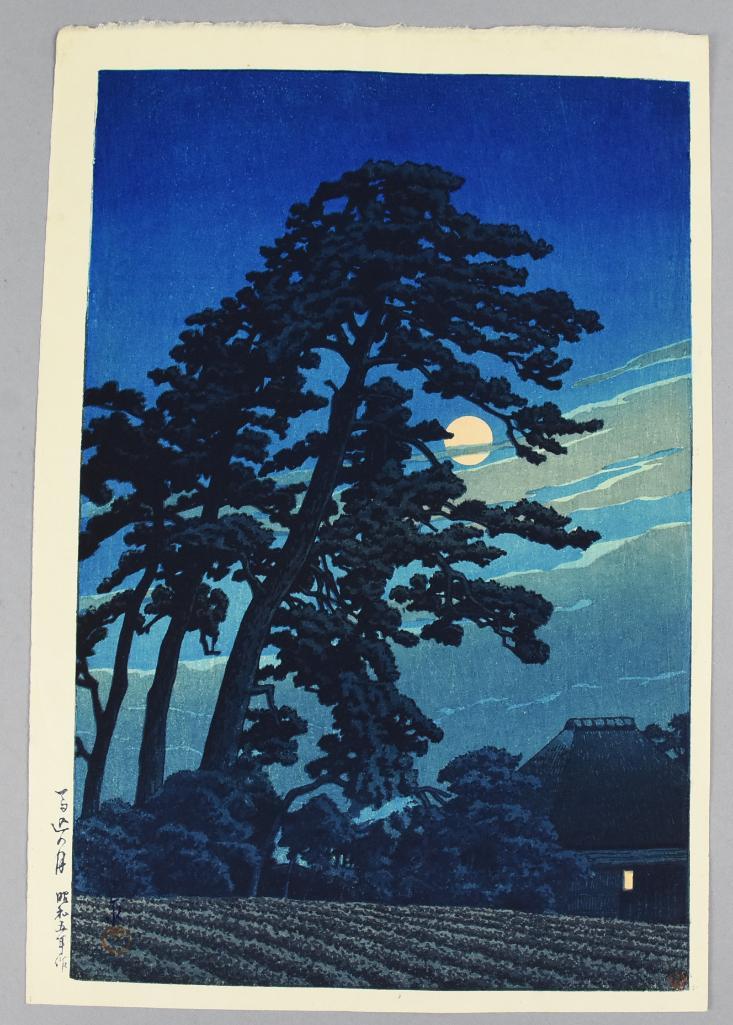 Kawase Hasui (1883-1957) Woodblock Print: Moon at Magome or Full Moon at Magome is a beautiful woodblock print by Kawase Hasui from 1930. Artist signature and other marks are hidden but can been seen in the rich blue bottom right and left