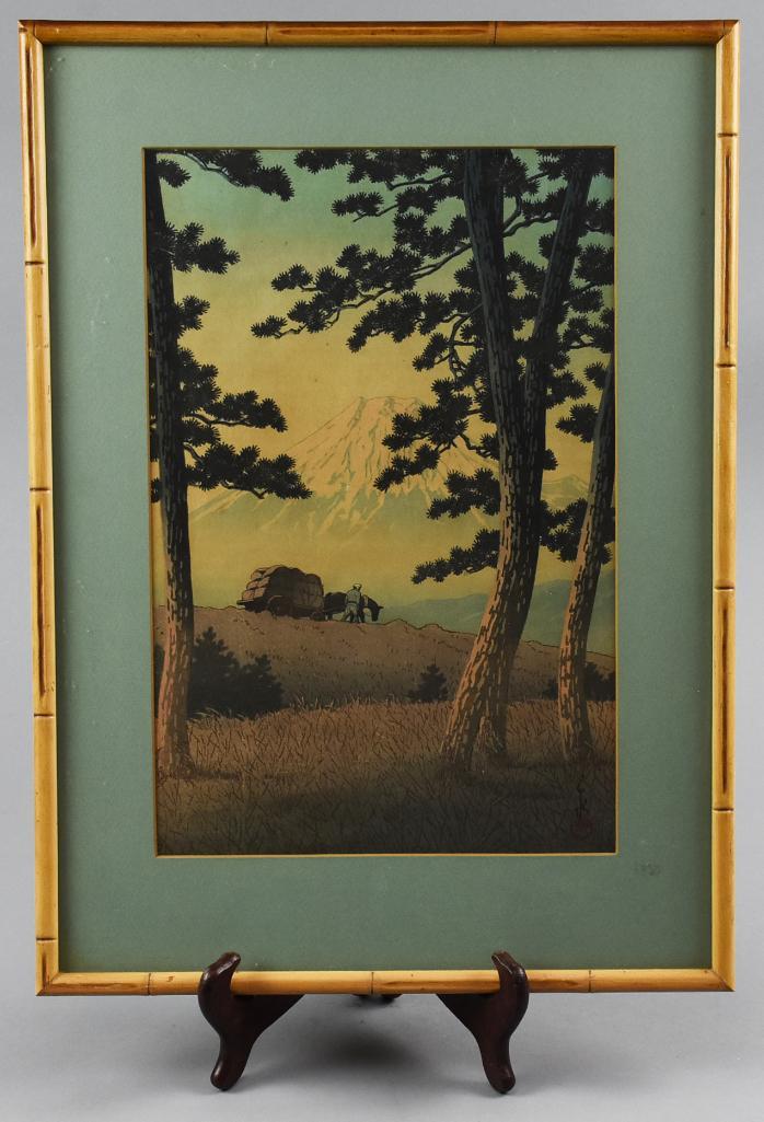Kawase Hasui (1883-1957) Woodblock Print: Dusk at Tagonoura is a stunning woodblock print by Kawase Hasui from 1940. Visible signature and publisher mark of Watanabe in lower right corner It has a nice matte and has what appears to be a 