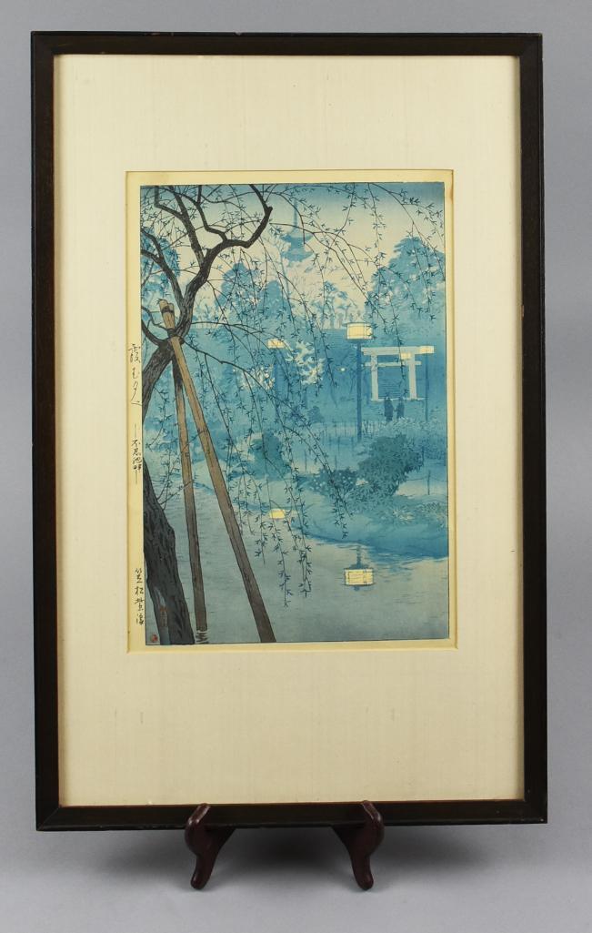 Woodblock Kasamatsu Shiro Misty Evening 1932: Japanese woodblock print, this print appears authentic, not restrike or reproduction. This print was created by Shiro Kasamatsu (1898-1991). Here is most famous print created by Shiro. "Misty Evening 