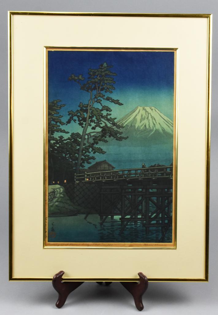 Japanese woodblock print by Kawase Hasui 1947 Mt. Fuji: Japanese woodblock print by the artist Kawase Hasui (1883-1957) entitled "Mt Fuji by Moonlight with Kawai Bridge" created in 1947. The print measures 10 3/8" x 16 1/4" Examined in frame.