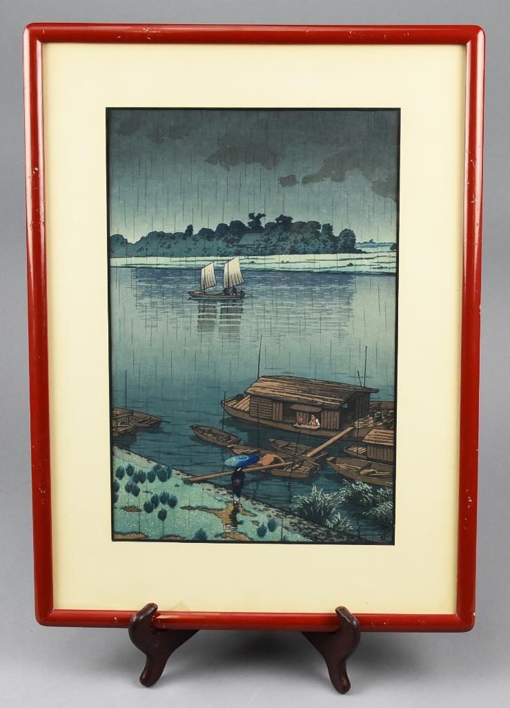Woodblock Kawase Hasui 1932 Arakawa River: Arakawa River in May Rain Artist Hasui Kawase 1883-1957 Signature "Hasui". Seal "Sui". Dated 1932. Medium/Technique Woodblock print. Description "Satsuki-ame, Arakawa". Rainy day at Ara-kawa river. Si