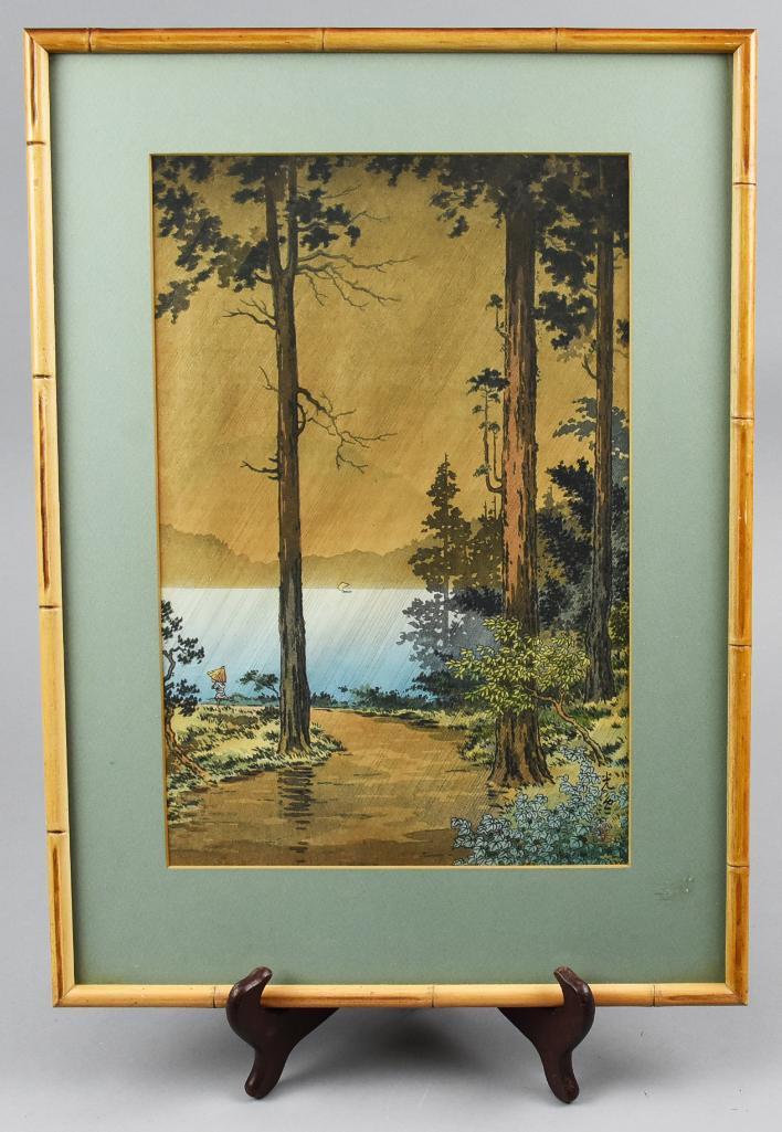 Woodblock Tsuchiya Koitsu Morning Rain at Hakone: Title: Lake Hakone Artist Koitsu Tsuchiya 1870-1949. Signature: Koitsu Seal shin. Dated: 1938. Period: Shin hanga. Description: "Hakone Ko-sui" A sudden rain at a lake in Hakone. Frame 14.25in wide x 