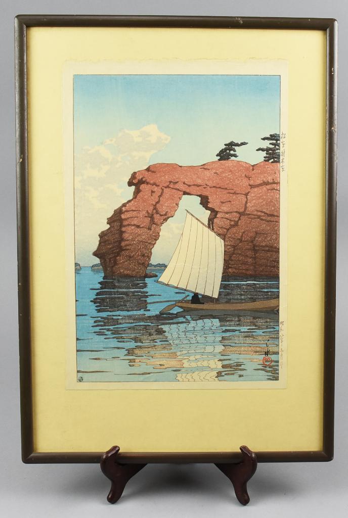 Woodblock Kawase Hasui Zaimoku Island,Matsushima 1933: 1933 Kawase Hasui Japanese Woodblock Print "Zaimoku Island,Matsushima". Titled in right margin. Name seal bottom right. Paper size 15 1/4 x 10 1/4 inches.