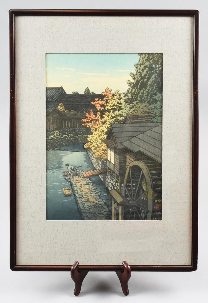 Woodblock Kawase Hasui Kawanishi Town, Tochigi: A rarer image, of Kawanishi Village, Tochigi Prefecture (Tochigi-ken Kawanishi-chô). Kawase Hasui (Japanese, 1883–1957). Japanese. Shôwa era. 1947 (Shôwa 22)Size 21" x 15", viewable 13.25" x 9.25