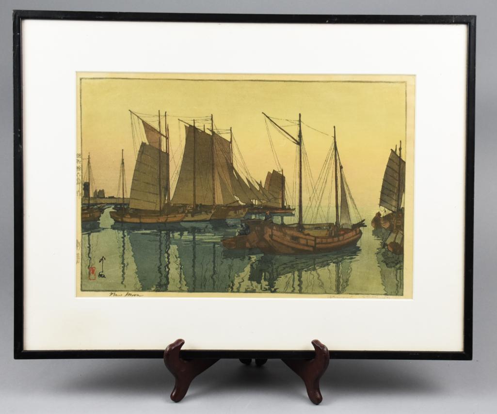 Hiroshi Yoshida (1879-1950) Woodblock Print: New Moon from 1941 is from artist Hiroshi Yoshida. Appeaars pencil signed hr in lower left corner. Nicely framed with matte, visible image measures approx 10 1/8" x 15 1/4", frame approx 15 1/2" x 20 