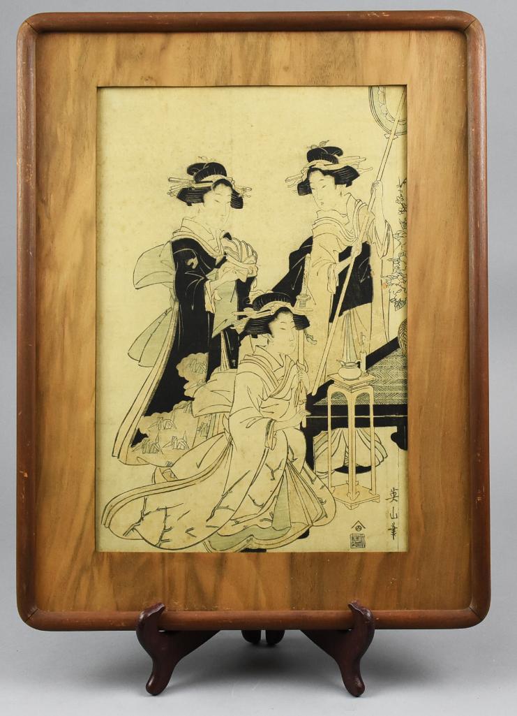 Kikugawa Eizan (1787-1867) Japanese Woodblock Print: These three maidens, one being a warrior was done by artist Kikuguaw Eizan, unsure of date but believed to be c1810. The artist signature and publisher, Nishimuraya Yohachi marks are along right bot