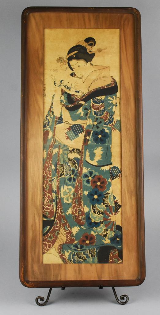 Utagawa Kuniyoshi (1798-1861) Woodblock Print: Reading Letter or Woman Reading Letter is an 1847-48 woodblock print from artist Utagawa Kuniyoshi. This beautiful print has been matte and framed with the artist signature showing. She is tall, w