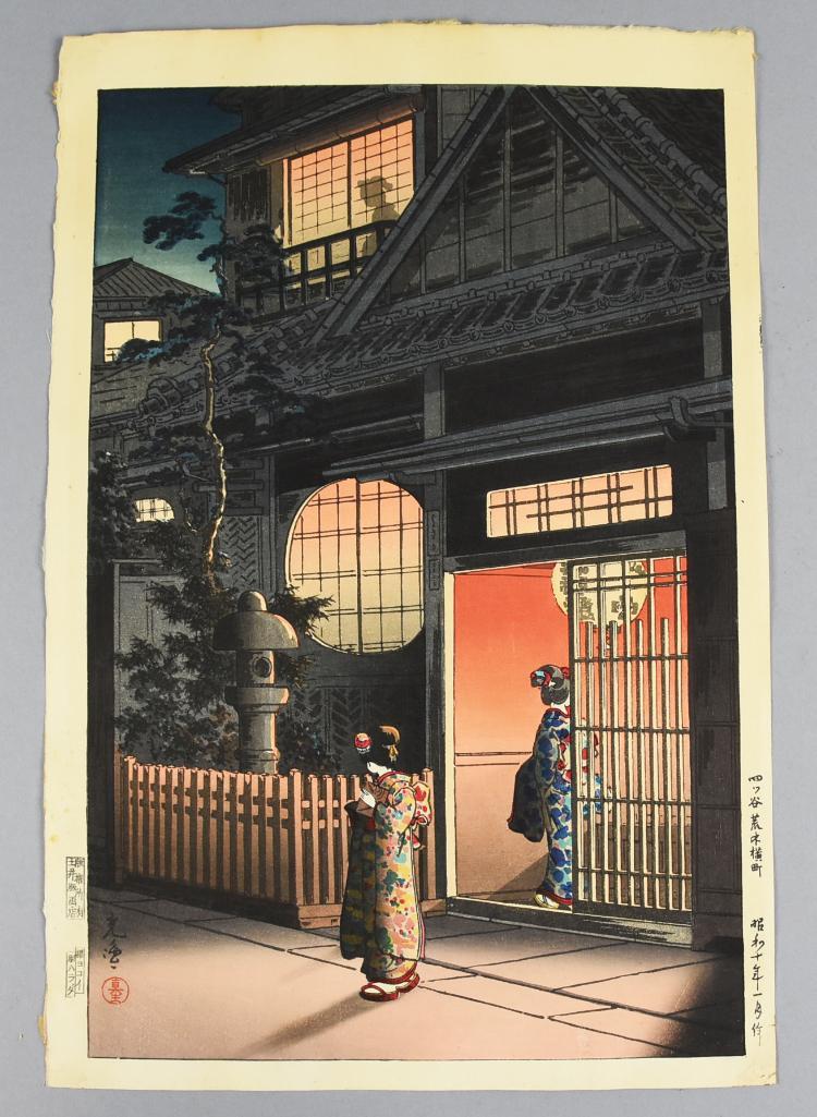Tsuchiya Koitsu (1870-1949) Japanese Woodblock Print: Yotsuya Araki Yokocho is a 1935 woodblock print from Tsuchiya Koitsu. The artist name, publisher of Doi Hanga-ten and carver is in the left margin, Harada. This loose print is ready for framing an