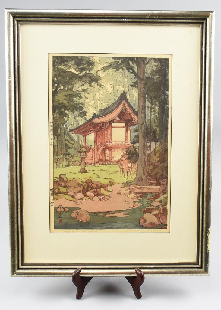 Hiroshi Yoshida (1876-1950) Woodblock Print: Temple in the Woodswoodblock print by artist Hiroshi Yoshida. Appears pencil signed along bottom right margin as well as the title being hand written in the bottom left margin. It has been framed with