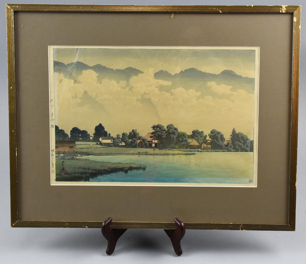 Kawase Hasui (1883-1957) Woodblock Print: Lake Kizaki in Shinshu is a 1941 woodblock print from artist Kawase Hasui. Marked with artist signature and publisher Watanabe and appears to be a first edition. It is nicely framed with matte. 