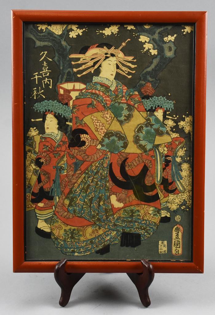 Utagawa Kunisada (1786-1864) Woodblock Print: This beautiful woodblock print is the center panel from a triptych by Utagawa Kunisada, Comparison of Modern Beauties c1850. Framed by Green's Art Store in Los Angeles c1925 as noted on back paper l