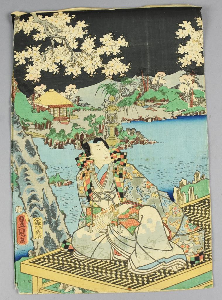 Utagawa Kunisada (1786-1864) Woodblock Print: Comparison of Modern Beauties in Full Bloom was a triptych from artist Utagawa Kunisada. The publisher seal is for Moriya Jihei who published several well known artists during the Edo period. It 