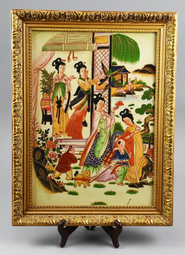 Vintage Chinese Hand Painted Porcelain Tile-Framed (1 of 5)